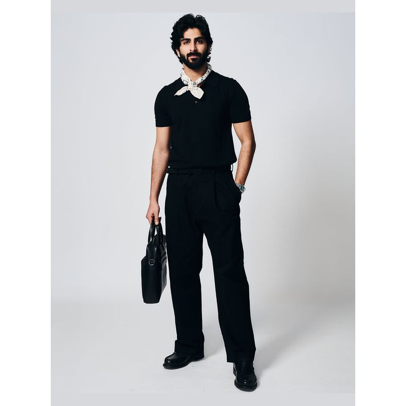 House of Namah Ink Black Pique Signature Cotton Bamboo B-Polo T-shirt (S)