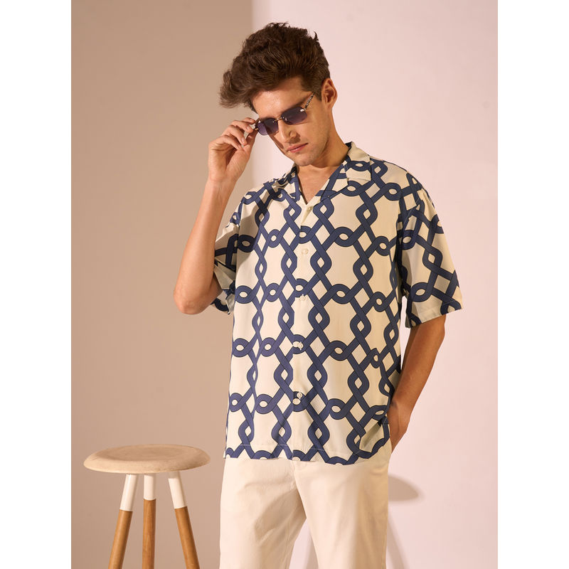 Selected White Printed Cuban Collar Shirt (XS)