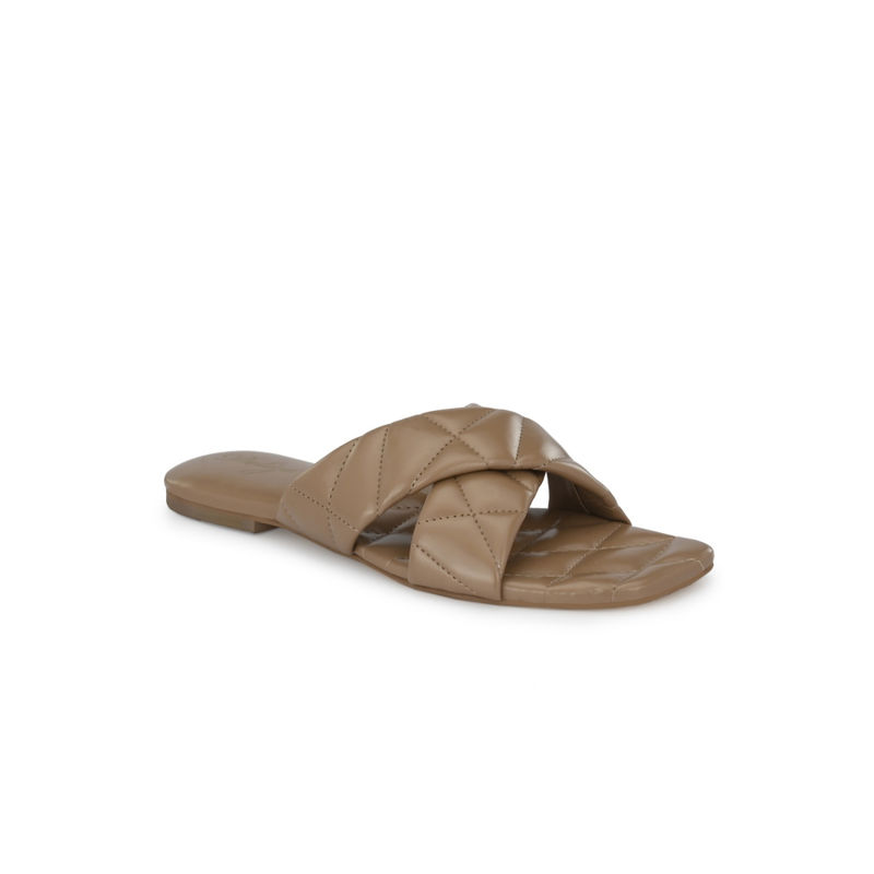Delize Womens Wheat Solid Vegan Leather, Quilted Cross Strap Flat Sandals (UK 6)