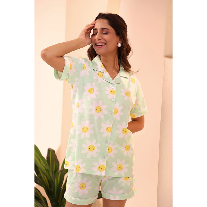 NAP STORY Women Green Printed Half Sleeve Shirt with Pyjama (Set of 2) (L)