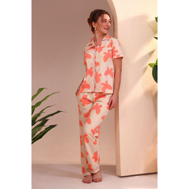 NAP STORY Women Beige Printed Half Sleeve Shirt with Pyjama (Set of 2) (S)