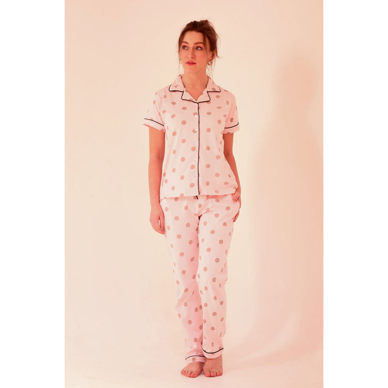 NAP STORY Women Pink Polka Dots Half Sleeve Shirt with Pyjama (Set of 2) (M)