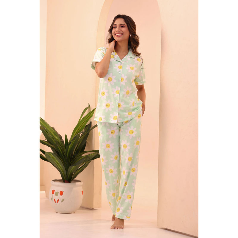 NAP STORY Women Green Printed Half Sleeve Shirt with Pyjama (Set of 2) (M)