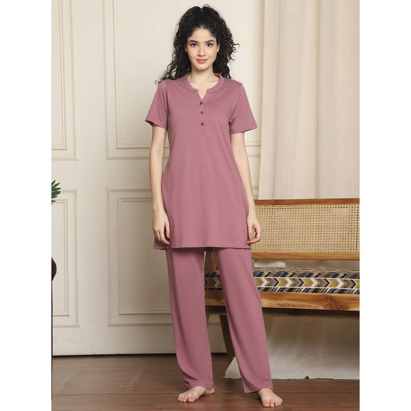 Indreams Women Pink Solid Top with Pyjama (Set of 2) (L)