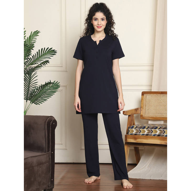 Indreams Women Navy Blue Solid Top with Pyjama (Set of 2) (L)