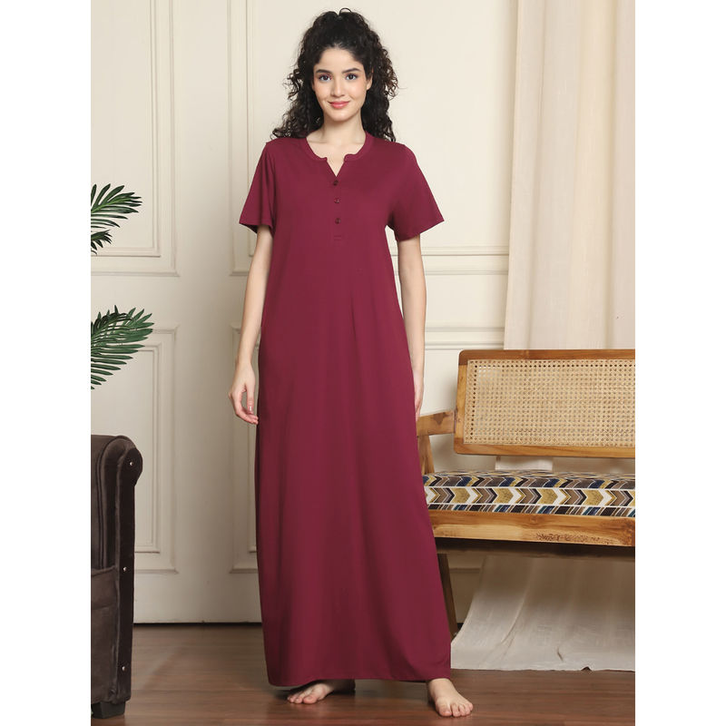 Indreams Women Maroon Solid Mandarin Collar Nightdress (XL)