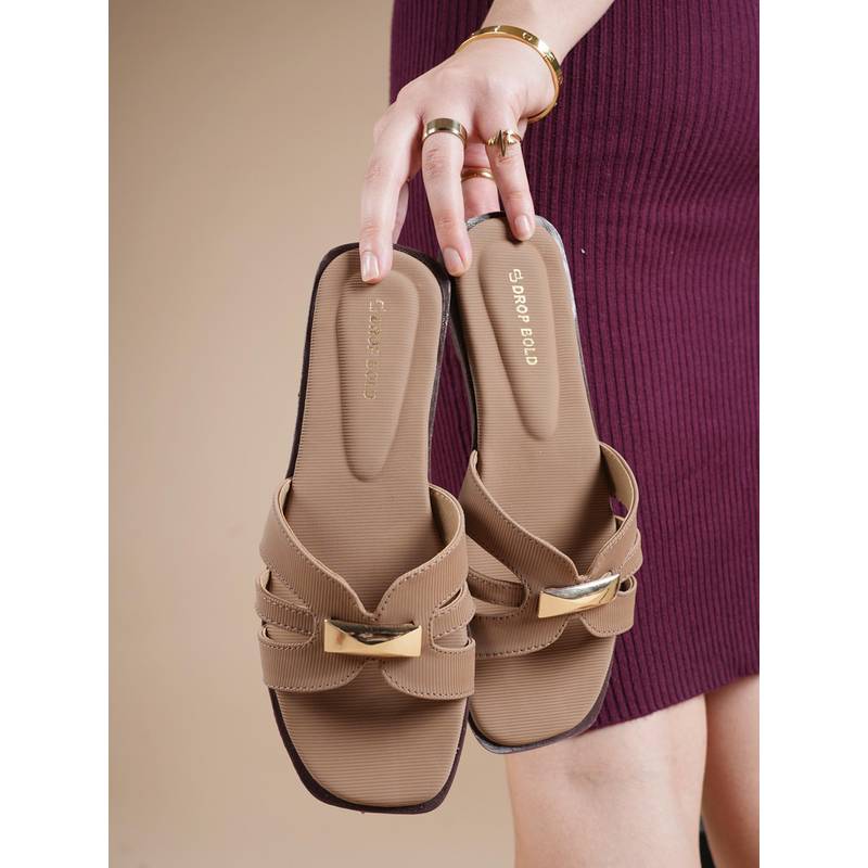 Drop Bold Brown Open Toe Comfort Flats for Women (EURO 38)