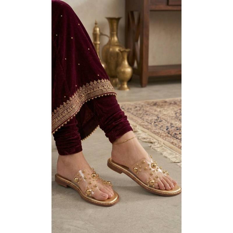 Sandal Stories Golden Studded Transparent Slider Flats (EURO 38)