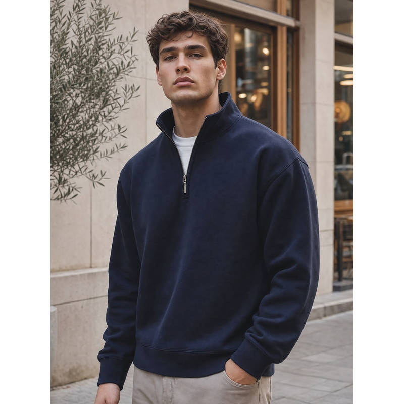 Nobero Men Relaxed Fit Mock Neck Solid Sweatshirt - Navy Blue (M)