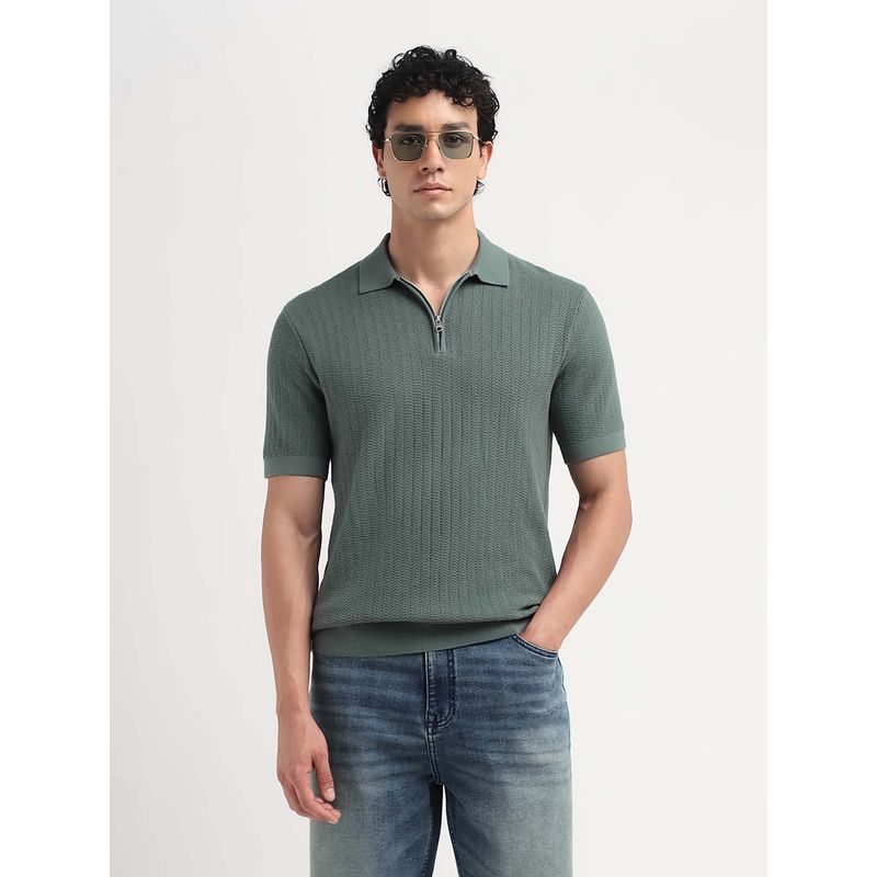 SELECTED HOMME Structured Zipper Up Green Polo T-Shirt (S)