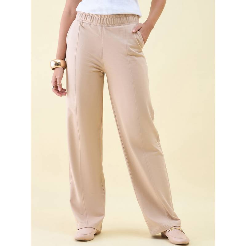 98 Degree North Women Beige Cotton Solid Trackpant (S)