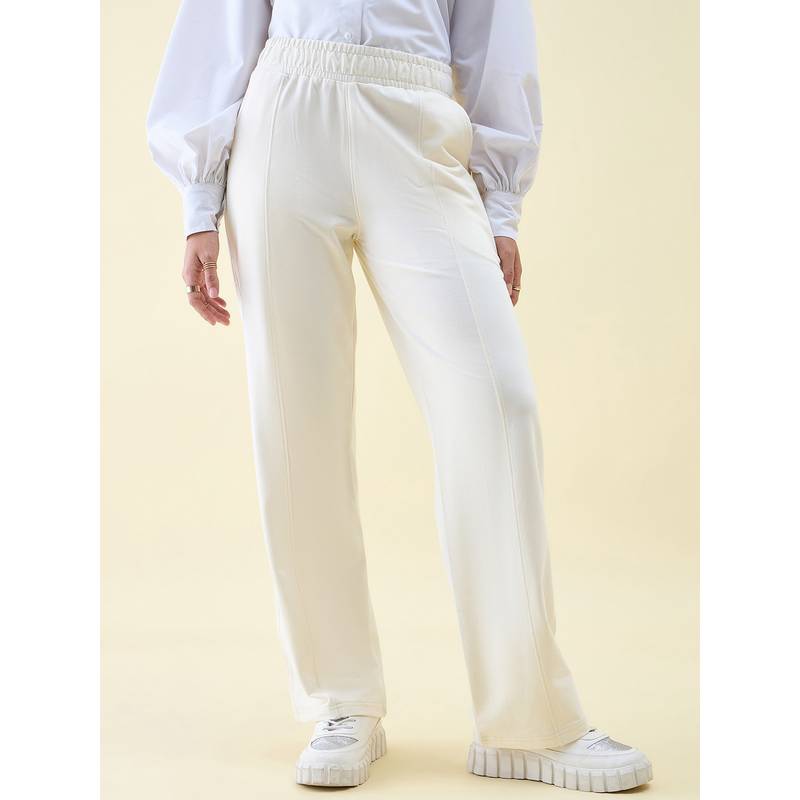 98 Degree North Women Cream Cotton Solid Trackpant (S)