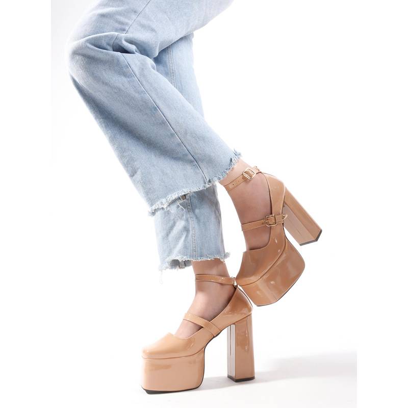 The White Pole Beige Comfortable Stylish Block Sandal Heels For Women (EURO 35)