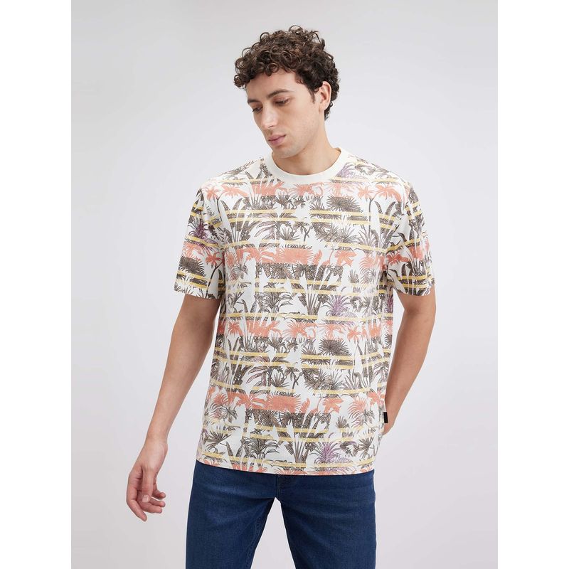Pepe Jeans Men Off White Tropical Print Short Sleeve T-Shirt (L)