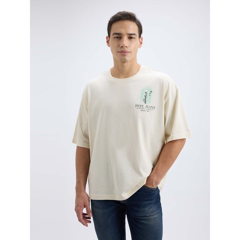 Pepe Jeans Men Off White Back Print Short Sleeve Oversized T-Shirt (M)