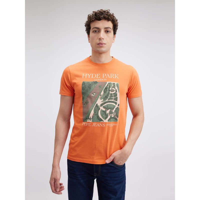 Pepe Jeans Men Orange Printed Short Sleeve T-Shirt (M)