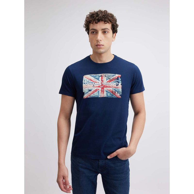 Pepe Jeans Men Navy Blue Union Jack Print Short Sleeve T-Shirt (M)