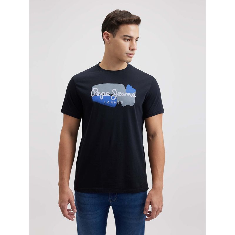 Pepe Jeans Men Black Printed Short Sleeve T-Shirt (M)