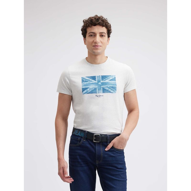 Pepe Jeans Men Off White Union Jack Print Short Sleeve T-Shirt (XL)