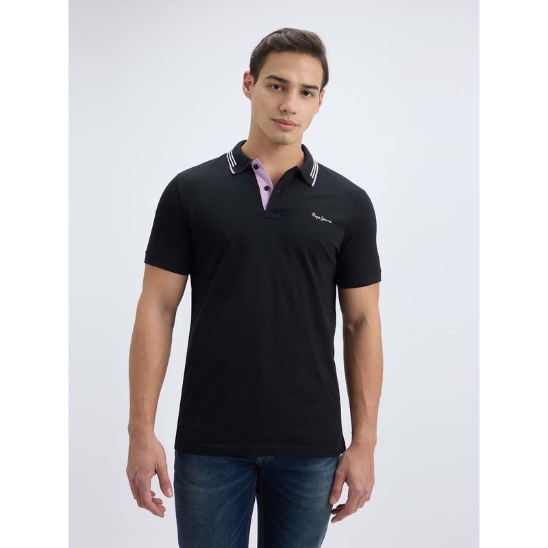 Pepe Jeans Men Black Ribbed Collar Short Sleeve Polo T-Shirt (M)