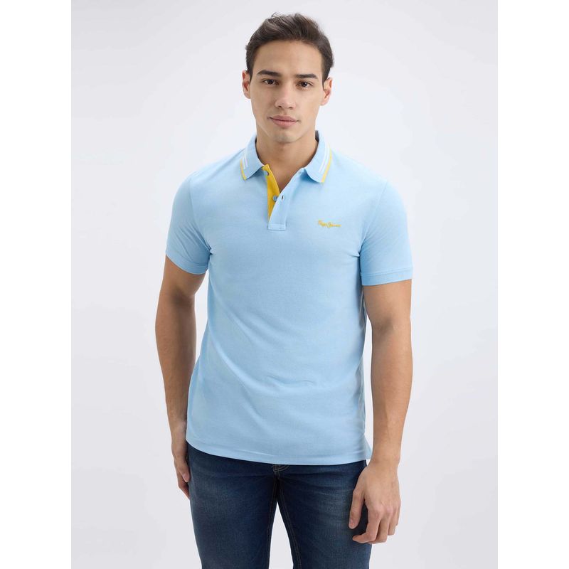 Pepe Jeans Men Blue Ribbed Collar Short Sleeve Polo T-Shirt (M)
