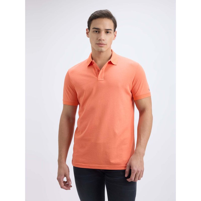 Pepe Jeans Men Peach Ribbed Collar Short Sleeve Polo T-Shirt (L)