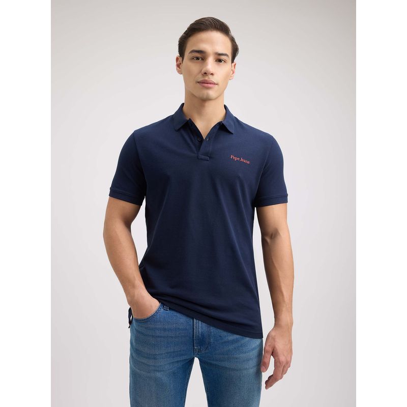Pepe Jeans Men Navy Blue Back Print Short Sleeve Polo T-Shirt (L)