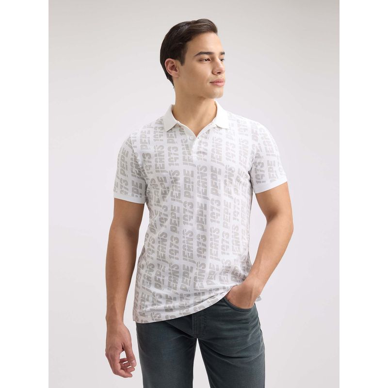 Pepe Jeans Men White Typographic Printed Short Sleeve Polo T-Shirt (M)