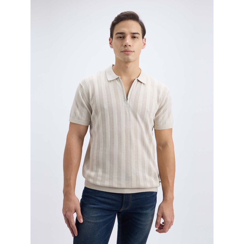 Pepe Jeans Men Grey Self Design Short Sleeve Zippered Flat Knit Polo T-Shirt (L)