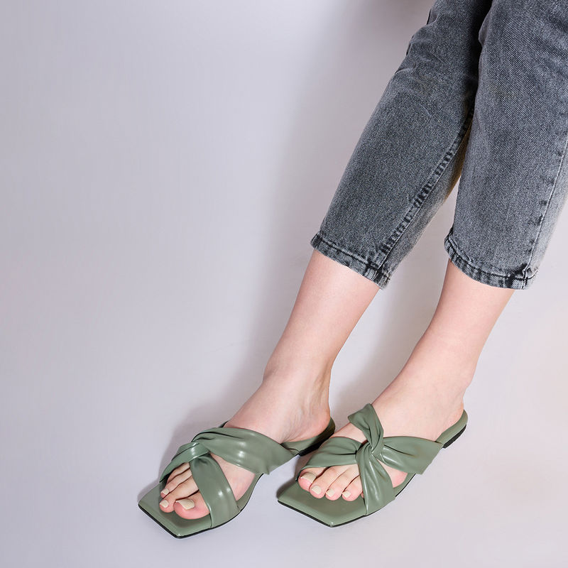 Twenty Dresses by Nykaa Fashion Green Square Toe Interwined Slider Flats (EURO 38)