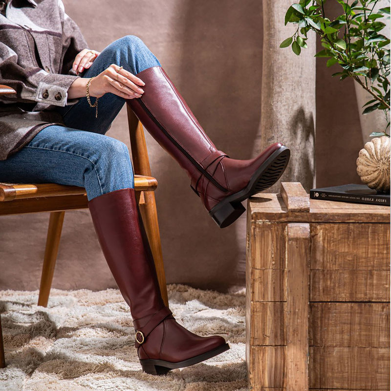 Saint G Hermione Buckle Wrap Strap Teak Leather Knee High Boots (EURO 36)