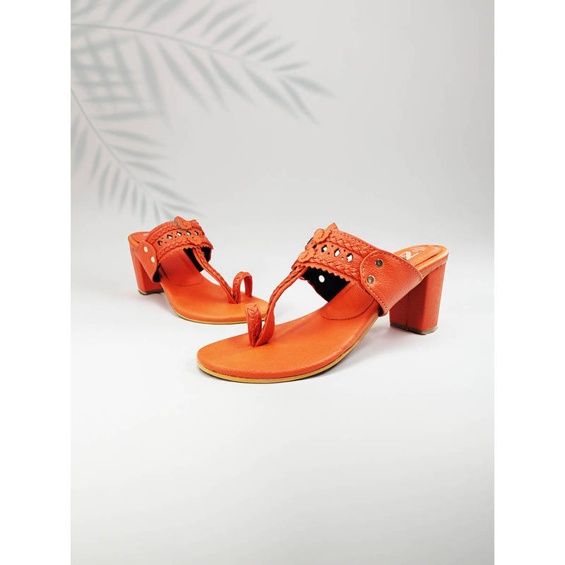 The Madras Trunk Women Three Inch Block Heels Kolhapuri in Rang Orange (EURO 36)