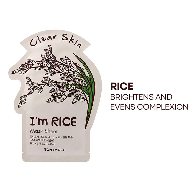 TONYMOLY Korean I'm Rice Face Sheet Mask for Brightening & Clear, Radiant Complexion