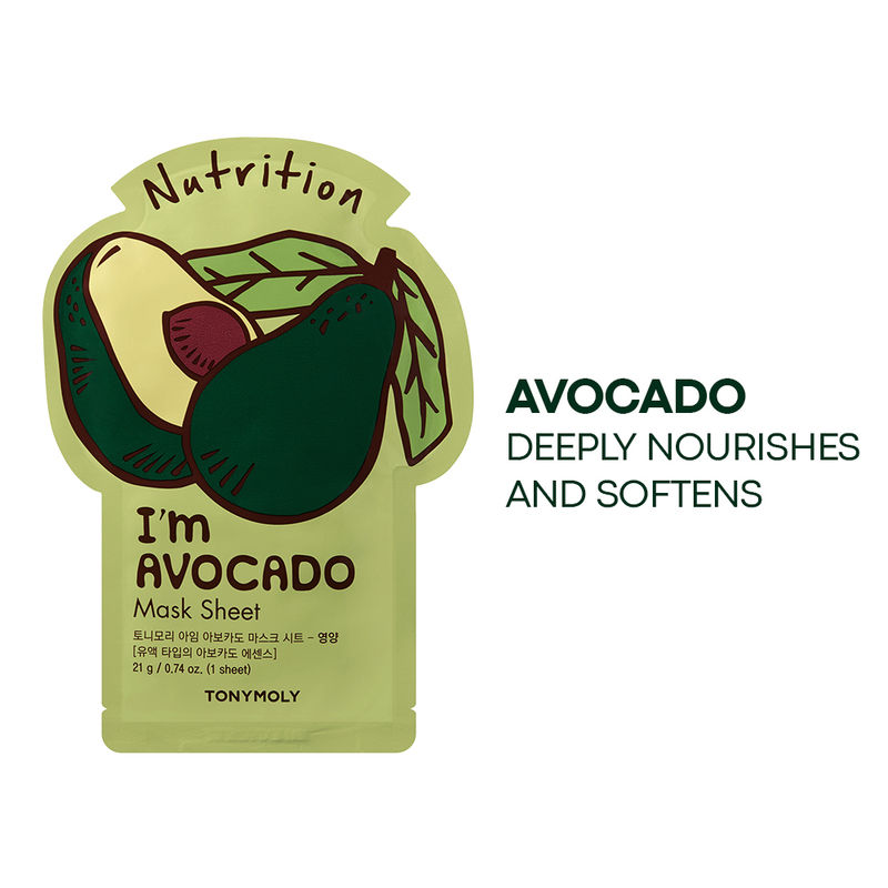 TONYMOLY Korean I'm Avocado Face Sheet Mask for Deep Nutrition & Revitalized Complexion