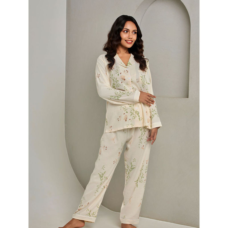 Addery Subtle Beige Floral Printed Shirt & Pyjama (Set of 2) (M)