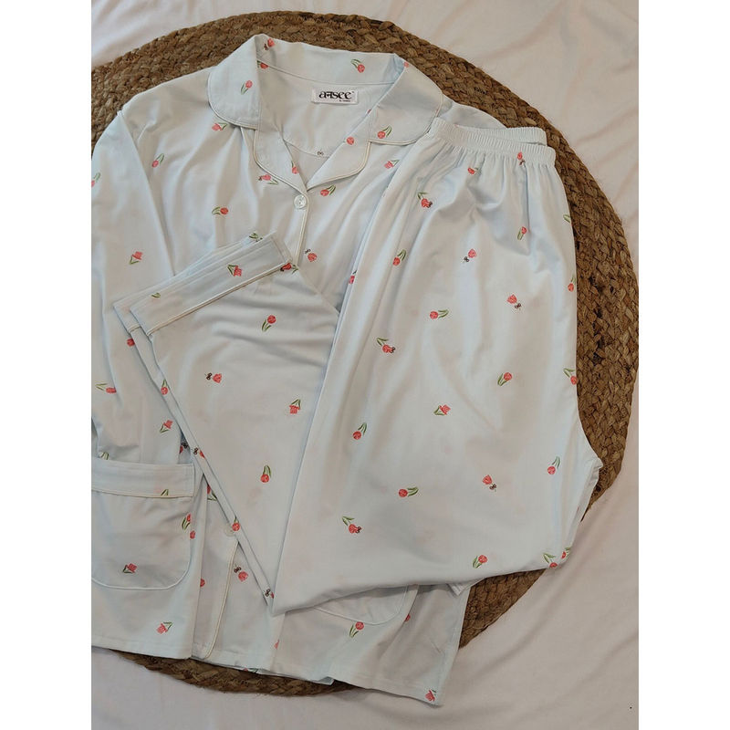 Addery Blue Plus Size Floral Soft Cotton Sleepwear Shirt & Pyjama (Set of 2) (2XL)