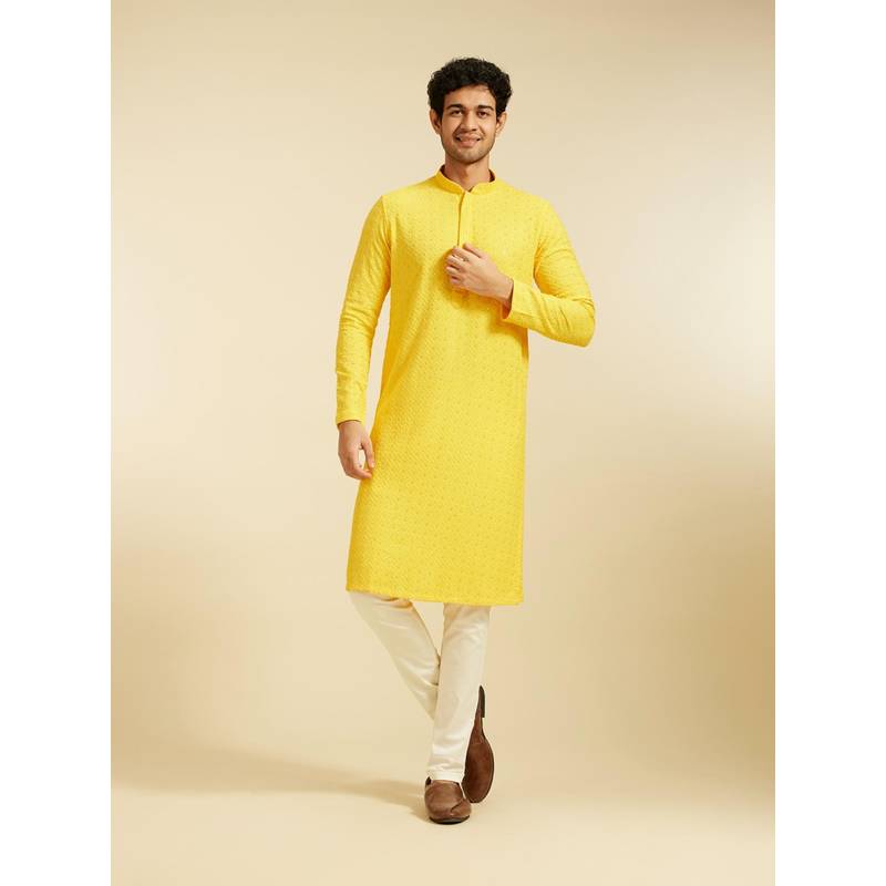 Diwas by Manyavar Yellow Viscose Embroidery Sequin Work Kurta for Men (S)
