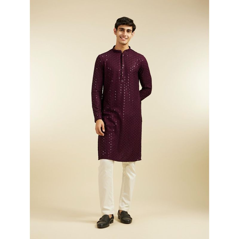 Diwas by Manyavar Purple Viscose Chikankari, Embroidery, Sequin Work Kurta for Men (M)