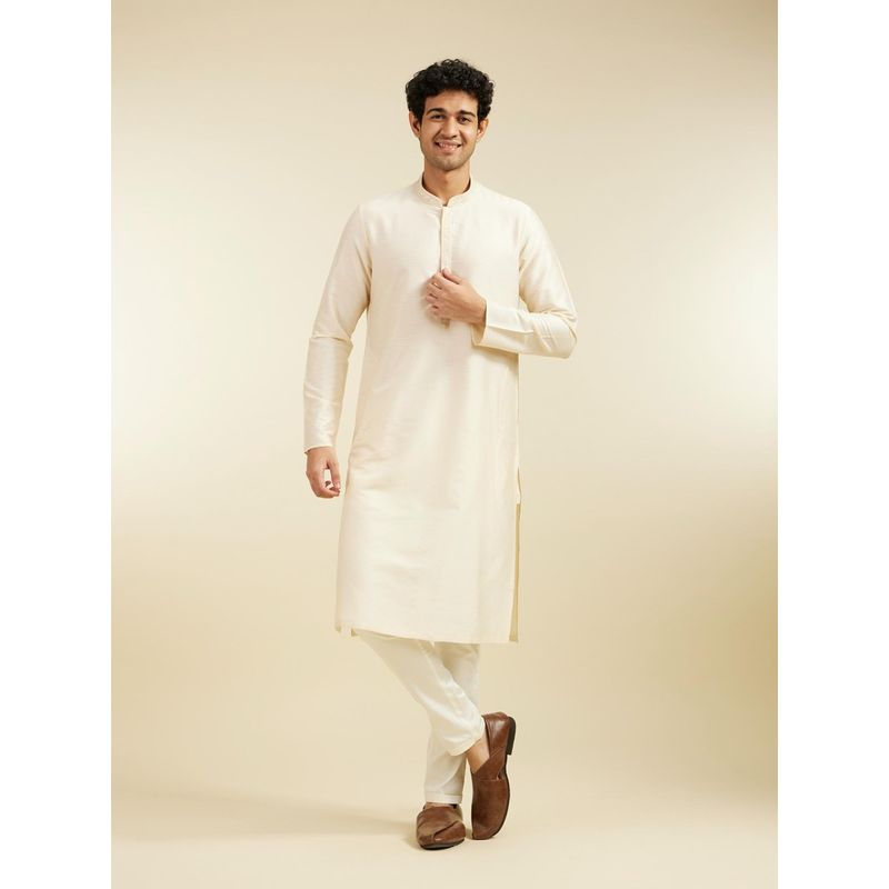Diwas by Manyavar Cream Viscose Blend Solid Kurta for Men (L)