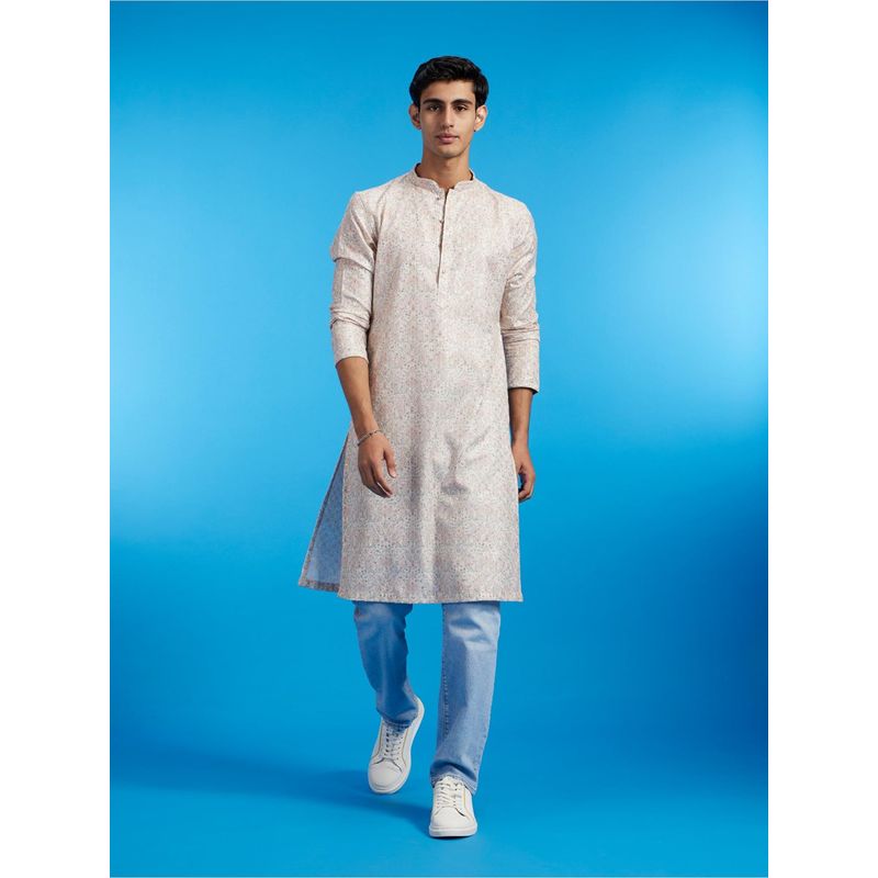 Diwas by Manyavar Cream Cotton Blend Printed| Embroidered Kurta for Men (M)