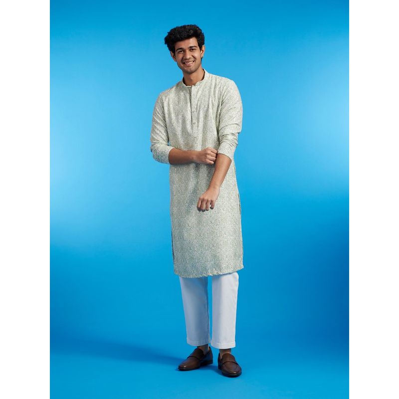 Diwas by Manyavar Light Mid Green Cotton Blend Printed| Embroidered Kurta for Men (M)