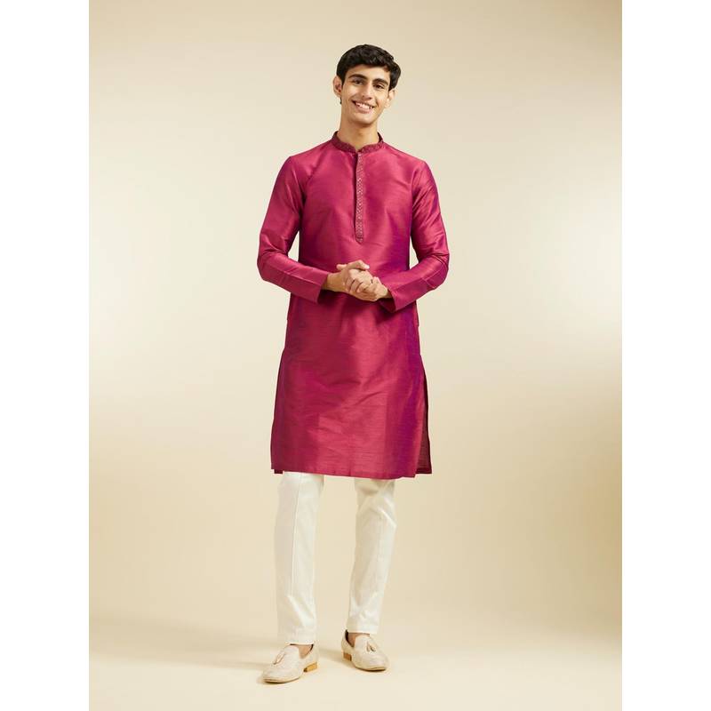 Diwas by Manyavar Pink Art Silk Solid Kurta for Men (L)