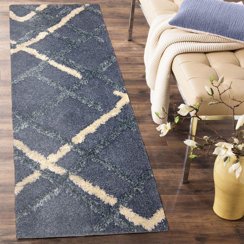 OBSESSIONS Machine Made Anti-Static Abstract Bedside Runner, Blue & D Blue (2x5 Feet)