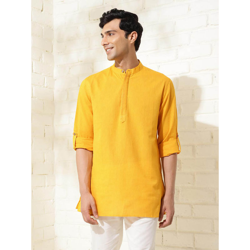 Fabindia Yellow Cotton Roll Up Sleeves Short Kurta (S)