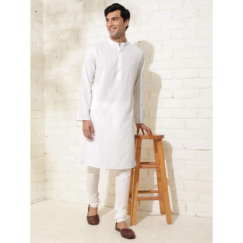Fabindia White Cotton Checks Slim Fit Kurta (XS)