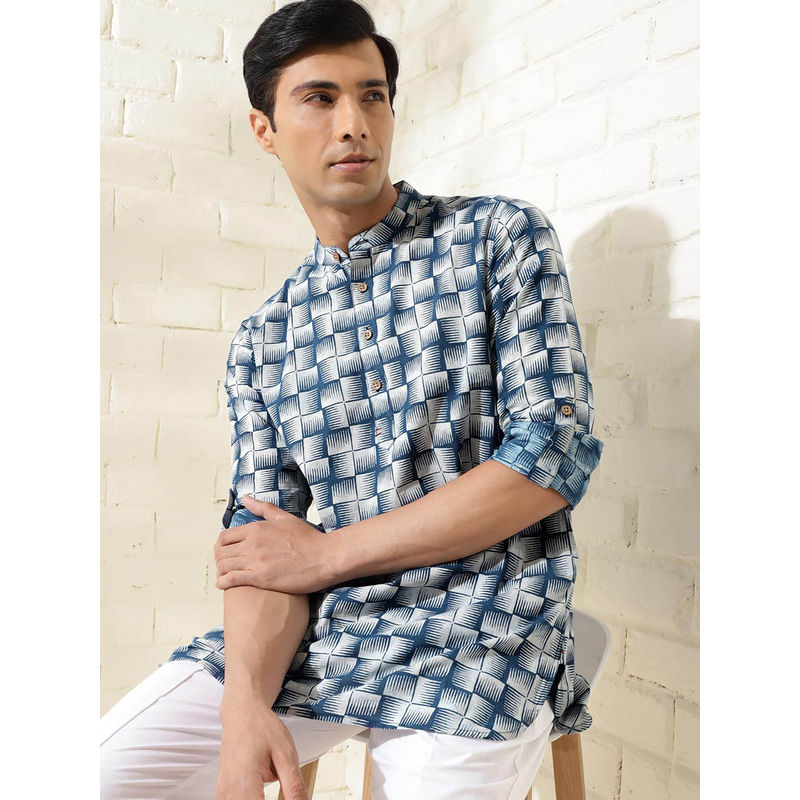 Fabindia Indigo Cotton Printed Slim Fit Kurta Short (XS)