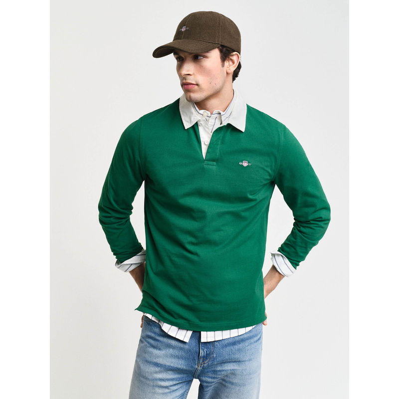 GANT Men Green Solid Polo Collar Full Sleeves T-Shirt (2XL)