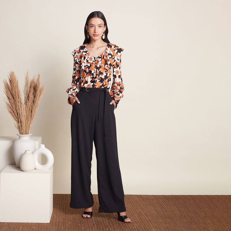 Twenty Dresses by Nykaa Fashion Work Black And Rust Floral Printed Ruffled Top (XS)