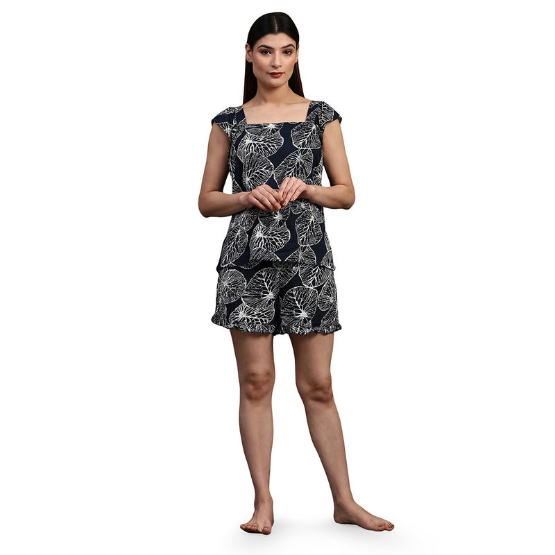 Bstories Night Suit Top and Shorts for Women -Black Shell Print (Set of 2) (S)