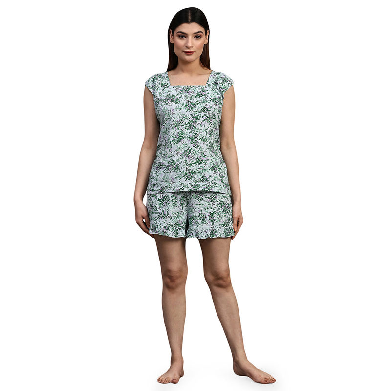 Bstories Night Suit Top and Shorts for Women -Green Floral Print (Set of 2) (2XL)